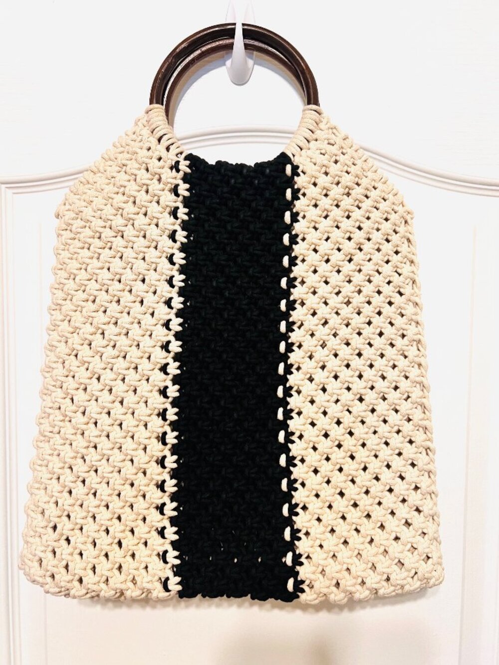 Crocheted/Macrame Large Wooded Round Boho Handles-Heavy Duty Cotton-Black/Cream